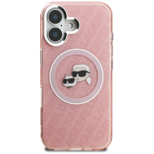 Karl Lagerfeld IML Glitter Karl &amp; Choupette Heads Logo MagSafe iPhone 16 Case - Pink