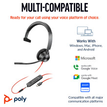 HP Poly Blackwire 3315 Monoural Microsoft Teams sertifikuotos USB-C ausinės + 3,5 mm kištukas + USB-C / A adapteris