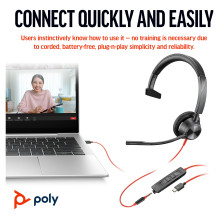 HP Poly Blackwire 3315 Monoural Microsoft Teams sertifikuotos USB-C ausinės + 3,5 mm kištukas + USB-C / A adapteris