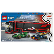 LEGO City F1 sunkvežimis su RB20 ir AMR24 F1 automobiliais
