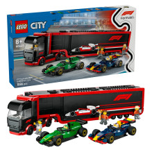 LEGO City F1 sunkvežimis su RB20 ir AMR24 F1 automobiliais