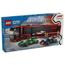 LEGO City F1 sunkvežimis su RB20 ir AMR24 F1 automobiliais