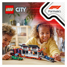 LEGO City F1 sunkvežimis su RB20 ir AMR24 F1 automobiliais