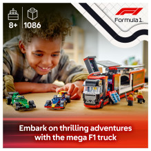 LEGO City F1 sunkvežimis su RB20 ir AMR24 F1 automobiliais