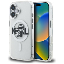 „Karl Lagerfeld IML“ blizgučių ir „Karl Choupette“ eskizo logotipo „MagSafe“ dėklas, skirtas „iPhone 16“ – permatomas