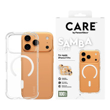 „PanzerGlass CARE™ by ® Samba“ skaidrus dėklas su baltu „MagSafe“ „iPhone 17 Pro“ mobiliojo telefono dėklu