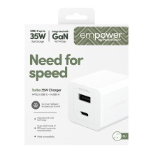 „PanzerGlass empower™ by ® Turbo“ 35 W įkroviklis su USB-C + USB-A, ES kištukas, sidabriškai baltas
