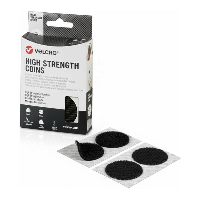 Didelio stiprumo VELCRO tvirtinimo detalė, 6 kablių taškai, 6 kilpų taškai, lipni ir kilpelė, 45 mm skersmens, juoda