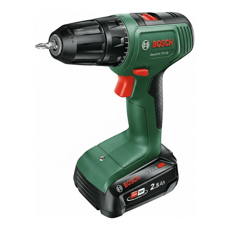 Akumuliatorinis gręžtuvas-suktuvas „Powertools EasyDrill 18V-38“ (žalia / juoda, ličio jonų akumuliatorius 2,5 Ah, dėkla