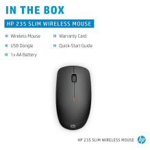 HP 235 Slim – optinė pelė – 3 mygtukai – belaidė – 2,4 GHz – belaidis imtuvas (USB) – juoda HP 235 Slim – optinė pelė – 3 mygtukai – belaidė – 2,4 GHz – belaidis imtuvas (USB) – juoda