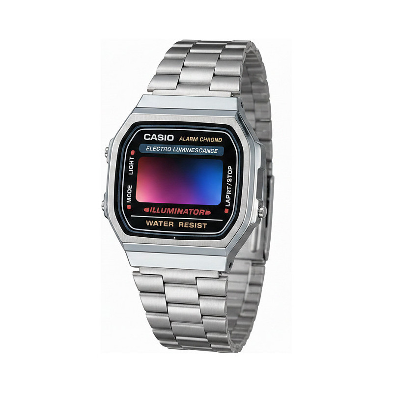 „Casio A168WA“ unisex skaitmeninis laikrodis su nerūdijančio plieno apyranke, sidabrinis
