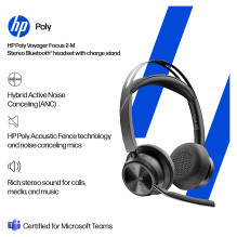 HP Poly Voyager Focus 2 Microsoft Teams sertifikuotos USB-CC ausinės + USB-C / A adapteris + įkrovimo stovas