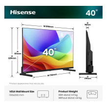100,0cm / 40" (1920x1080) Hisense 40A59S Smart TV FHD Hi-QLED 9,5ms 60Hz HDMI USB LAN HDR VESA WiFi Black