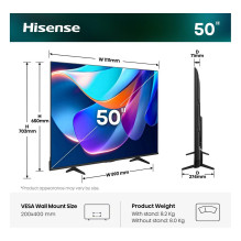 126,0cm / 50" (3840x2160) Hisense 50A6S Smart TV 4K UHD 9,5ms 60Hz HDMI USB HDR WiFi Bluetooth Black / Grey