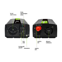 Green Cell Przetwornica napicia PowerInverter LCD 12 V 500W / 1000W Przetwornica samochodowa z wywietlaczem - czysty sin