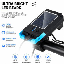 iLike Solar Powered Bike Headlight with 120dB Horn, USB Rechargeable, 1000LM LED Bicycle Front Light, 4000mAh Battery, E iLike Solar Powered Bike Headlight with 120dB Horn, USB Rechargeable, 1000LM LED Bicycle Front Light, 4000mAh Battery, E