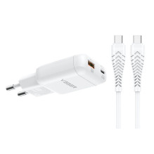 Telefono įkroviklis USB A + C tipo PD 45W + duomenų kabelis C tipo į C tipo 100W VEGER TR121 baltas Telefono įkroviklis USB A + C tipo PD 45W + duomenų kabelis C tipo į C tipo 100W VEGER TR121 baltas