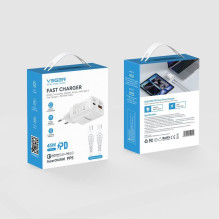 Telefono įkroviklis USB A + C tipo PD 45W + duomenų kabelis C tipo į C tipo 100W VEGER TR121 baltas Telefono įkroviklis USB A + C tipo PD 45W + duomenų kabelis C tipo į C tipo 100W VEGER TR121 baltas