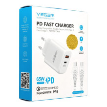 Telefono įkroviklis VEGER USB A + Typ C PD QC3.0 3,25A 65W + laidas USB C į USB C TR67 baltas Telefono įkroviklis VEGER USB A + Typ C PD QC3.0 3,25A 65W + laidas USB C į USB C TR67 baltas