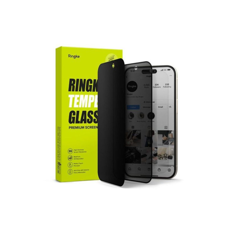 Ringke iPhone 15 / 16 Screen Protector Easy Slide Privacy Tempered Glass 9H with installation jig (2pcs) Transparent
