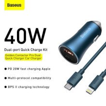 Baseus Car Charger Golden Contactor Pro Dual Quick Charger U+C, PD 3.0, QC 4+, SCP FCP AFC (with Type-C - Lightning 1m B Baseus Car Charger Golden Contactor Pro Dual Quick Charger U+C, PD 3.0, QC 4+, SCP FCP AFC (with Type-C - Lightning 1m B