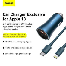 Baseus Car Charger Golden Contactor Pro Dual Quick Charger U+C, PD 3.0, QC 4+, SCP FCP AFC (with Type-C - Lightning 1m B Baseus Car Charger Golden Contactor Pro Dual Quick Charger U+C, PD 3.0, QC 4+, SCP FCP AFC (with Type-C - Lightning 1m B