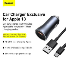 Baseus Car Charger Golden Contactor Pro Dual Quick Charger U+C, PD 3.0, QC 4+, SCP FCP AFC (With Type-C - Lightning 1m B Baseus Car Charger Golden Contactor Pro Dual Quick Charger U+C, PD 3.0, QC 4+, SCP FCP AFC (With Type-C - Lightning 1m B