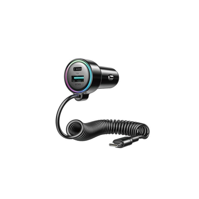 Joyroom Car Charger 3-in-1, C+U with Type-C Coiled Cable 1.6m, 72W, Black (JR-CL07)