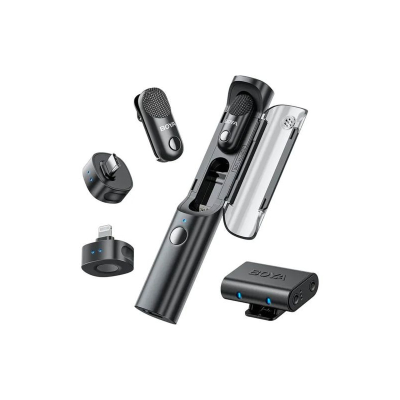 BOYA Microphone Wireless Magic-02 2.4GHz with 2 transmitters and 3 receivers (Type-C, Lightning and 3.5mm Female) Black 