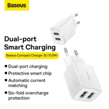 Baseus Travel Charger Compact wall Charger U+U, 10.5W EU White (CCXJ010202) Baseus Travel Charger Compact wall Charger U+U, 10.5W EU White (CCXJ010202)