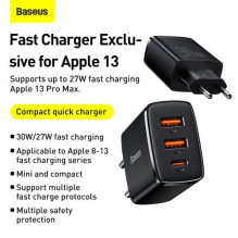 Baseus Travel Charger Compact Quick Charger U+U+C PD3.0, QC 3.0 30W EU Black (CCXJ-E01)