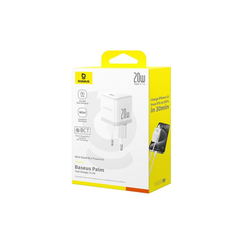 Baseus Travel Charger Palm Series Type-C, PD 3.0, QC 3.0, 20W, White EU (P10111602213-00)
