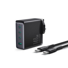 Joyroom Travel Charger GaN Fast Charger (UK) C+C+C+U, 140W, with Type-C to Type-C, PD 240W cable (1,2m) Black EU (JR-TCG