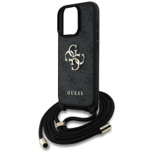 GUESS dėklas, skirtas IPHONE 16 Pro Max GUHCP16XP4GMGCRK (CBDY PU 4G didelis logotipas su laido dirželiu), juodas