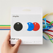 Chipolo POP - Bluetooth Tracker with Replaceable Battery for iOS &amp; Android, 4pack -Black, White, Red, Blue