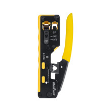 Compact tool for crimping RJ45 (EZ-RJ45 type) feed-through plugs for CAT7, CAT6, CAT5E cables