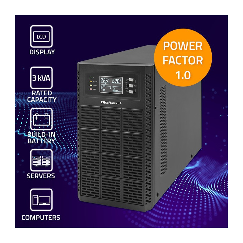 Qoltec 52282 Online UPS, 3kVA, 3000W, Power factor 1.0, Battery 6x12V / 7A