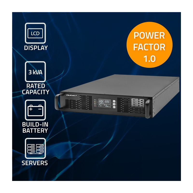Qoltec 52287 Online UPS for RACK, 3kVA, 3000W, Power factor 1.0, Battery 6x12V / 7Ah