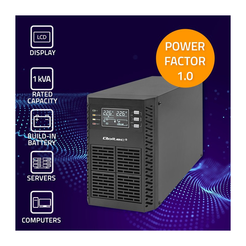 Gryna sinusinė banga, 1000 VA, 1000 W internetinis UPS (dvigubos konversijos), 2 vnt. 12 V - 9 Ah baterijos,