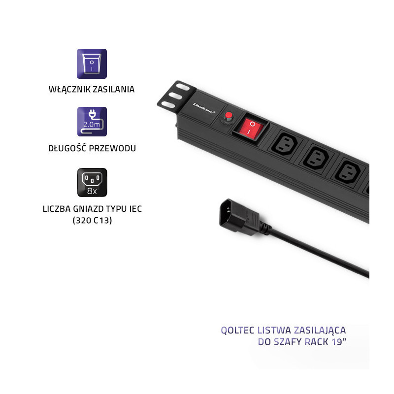 PDU Qoltec power strip for RACK 19", 1U, 10A, CB, 8xIEC C13, 2m