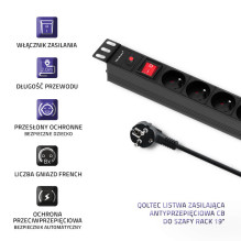 PDU viršįtampio maitinimo blokas RACK 19" su CB, 1U, 16A, 8xFRENCH, 2m