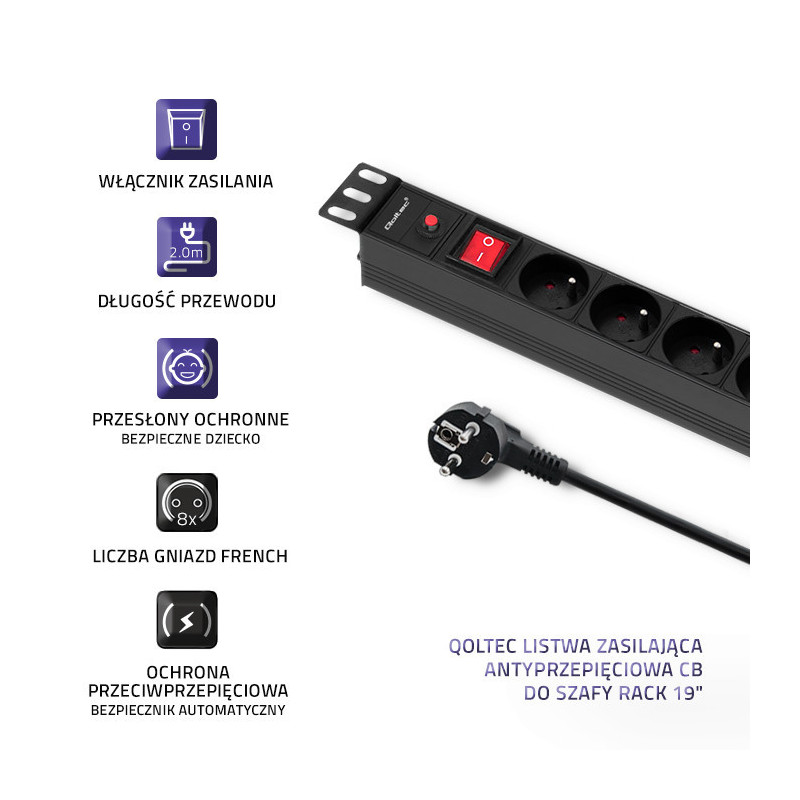PDU Overvoltage power strip for RACK 19" with CB, 1U, 16A, 8xFRENCH, 2m