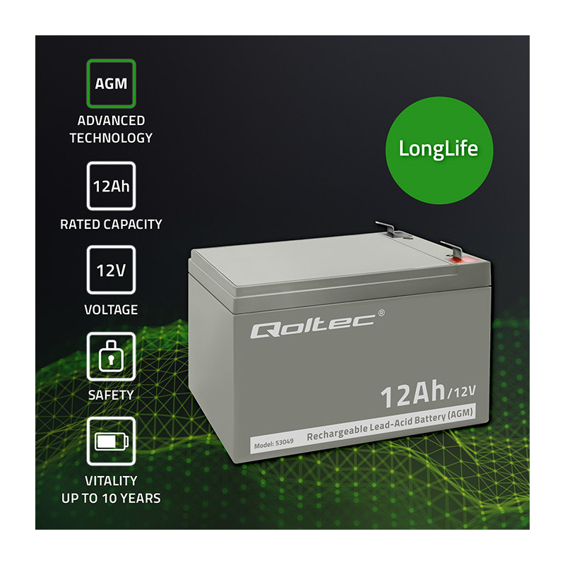 12V 12Ah battery :: AGM :: 12 Volts, 12 Amp-hours (Ah) :: Terminal type T2 (6.35mm)