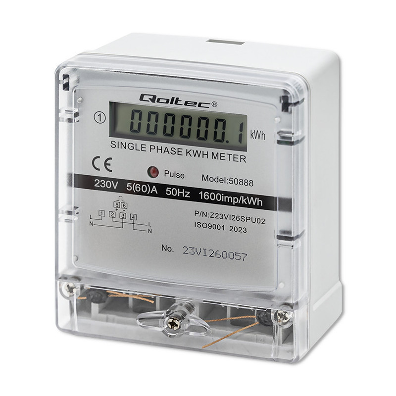 Single-phase electricity consumption meter, 60A, 230V, Large 6+1 LCD display, Qoltec ®