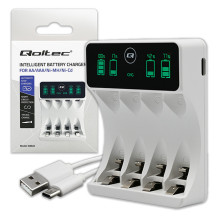 Qoltec Battery Charger for Ni-MH type R03 AAA R6 AA, LCD, USB-C cable, White