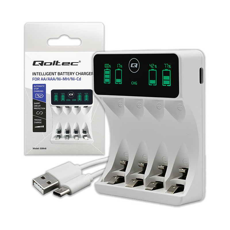 Qoltec Battery Charger for Ni-MH type R03 AAA R6 AA, LCD, USB-C cable, White
