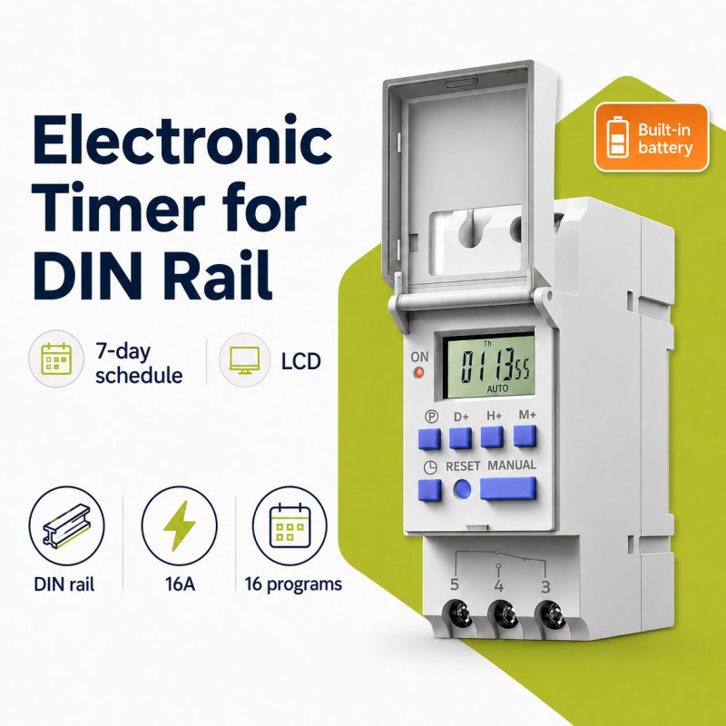 Electronic timer for DIN rail with built-in battery, 7-day schedule, 16 programs, 16A