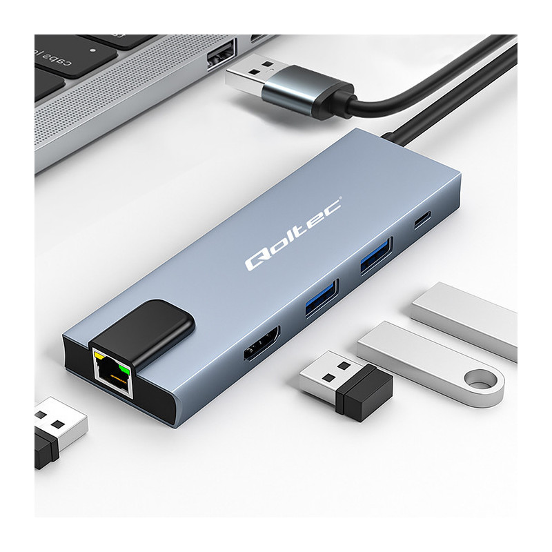 USB-C 5 viename šakotuvo adapteris, USB-C PD 100W, 2x USB, HDMI 4K, RJ45