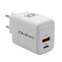 Qoltec GaN 20W charger, 5-20V, 1.5-3A, 1 x USB-C PD, 1x USB QC 3.0, White