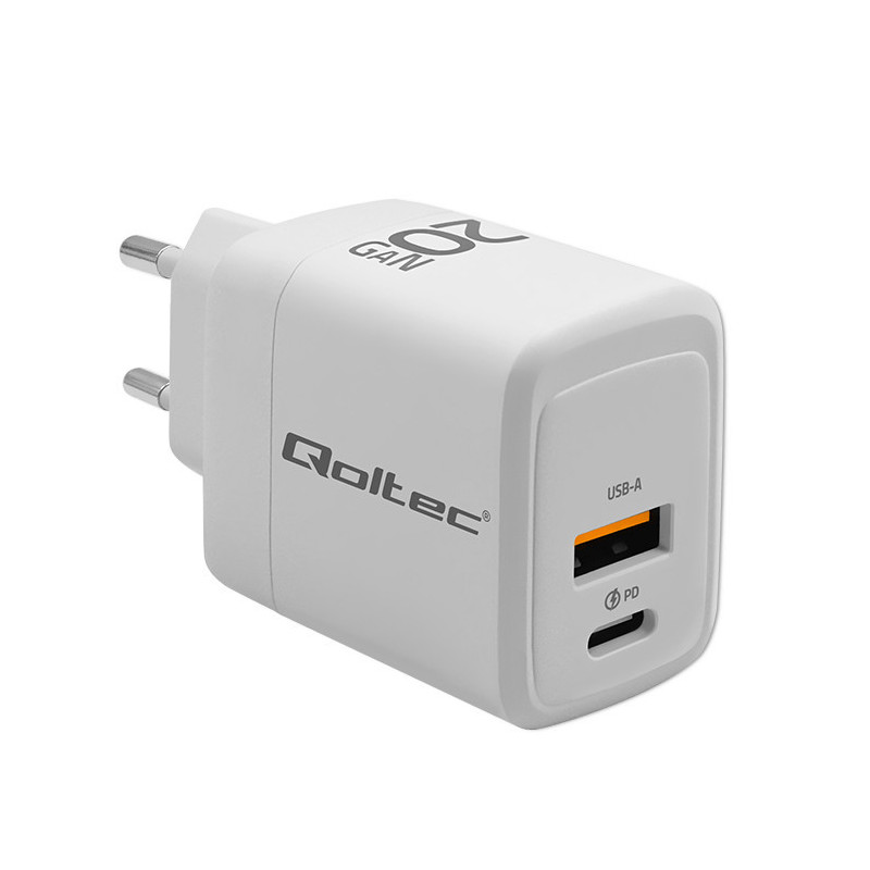 Qoltec GaN 20W charger, 5-20V, 1.5-3A, 1 x USB-C PD, 1x USB QC 3.0, White